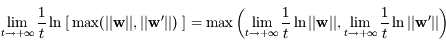 \lim_{t\to +\infty}\frac{1}{t} \ln \left\big\lbrack \max(||{\bf w}||,||{\bf w}'||)\right\big\rbrack = \max \left( \lim_{t\to +\infty} \frac{1}{t} \ln ||{\bf w}||,\lim_{t\to +\infty}\frac{1}{t}\ln||{\bf w}'|| \right)