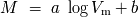 M = a log V + b m