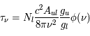 \tau_\nu=N_l\frac {c^2 A_{ul}} {8\pi \nu^2 }\frac{g_u}{g_l}\phi(\nu)