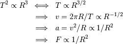 \begin{eqnarray*} T^{2} \propto R^{3} &\Longleftrightarrow& T\propto R^{3/2}\\ &\Longrightarrow& v = 2\pi R / T \propto R^{-1/2}\\ &\Longrightarrow& a = v^{2} /R \propto 1/R^{2}\\ &\Longrightarrow& F \propto 1/R^{2} \end{eqnarray*}