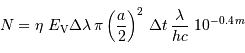 N = \eta \ E _{\mathrm{V}} \Delta \lambda\, \pi \left({a\over 2}\right)^2\, \Delta t \, {\lambda \over h c} \ 10^{-0.4\, m}