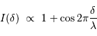 I (\delta)\ \propto\ 1 + \cos 2\pi { \delta\over\lambda}